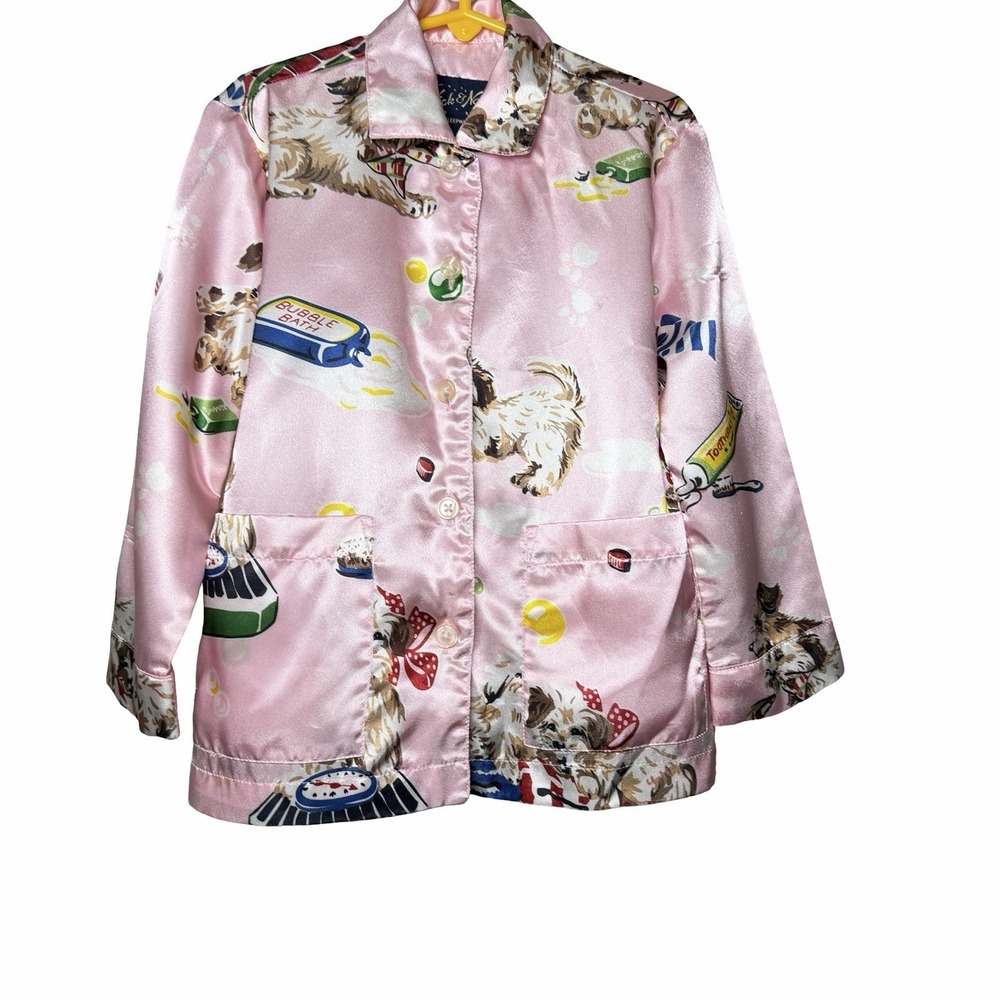 Nick & Nora Girls Pink Satin Puppy Pajama Top‎ Size XS Dog Print Sleepwear